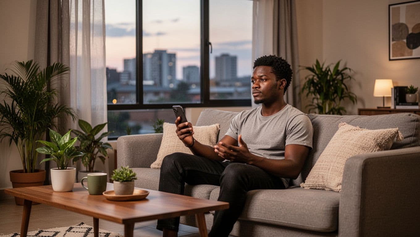 A young adult male sits relaxed on a modern couch in a cozy Kilimani Nairobi apartment living room, holding a smartphone with a thoughtful expression, soft evening natural light through a large window showing subtle city skyline, minimalist decor with plants and coffee table.