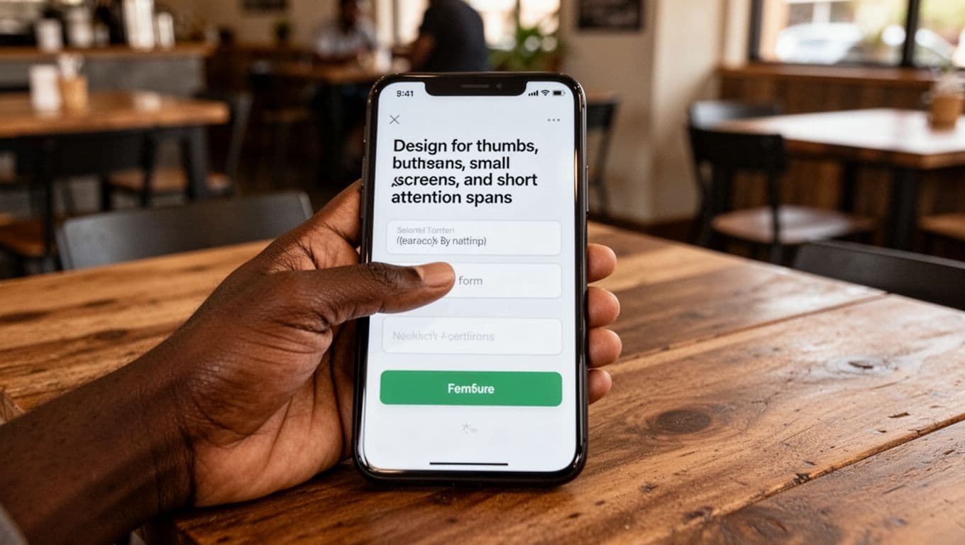 A single hand with thumb naturally tapping a large, readable button on a clean, spacious smartphone UI designed for small screens and thumbs, set on a wooden table in a realistic Nairobi cafe interior with warm natural lighting.