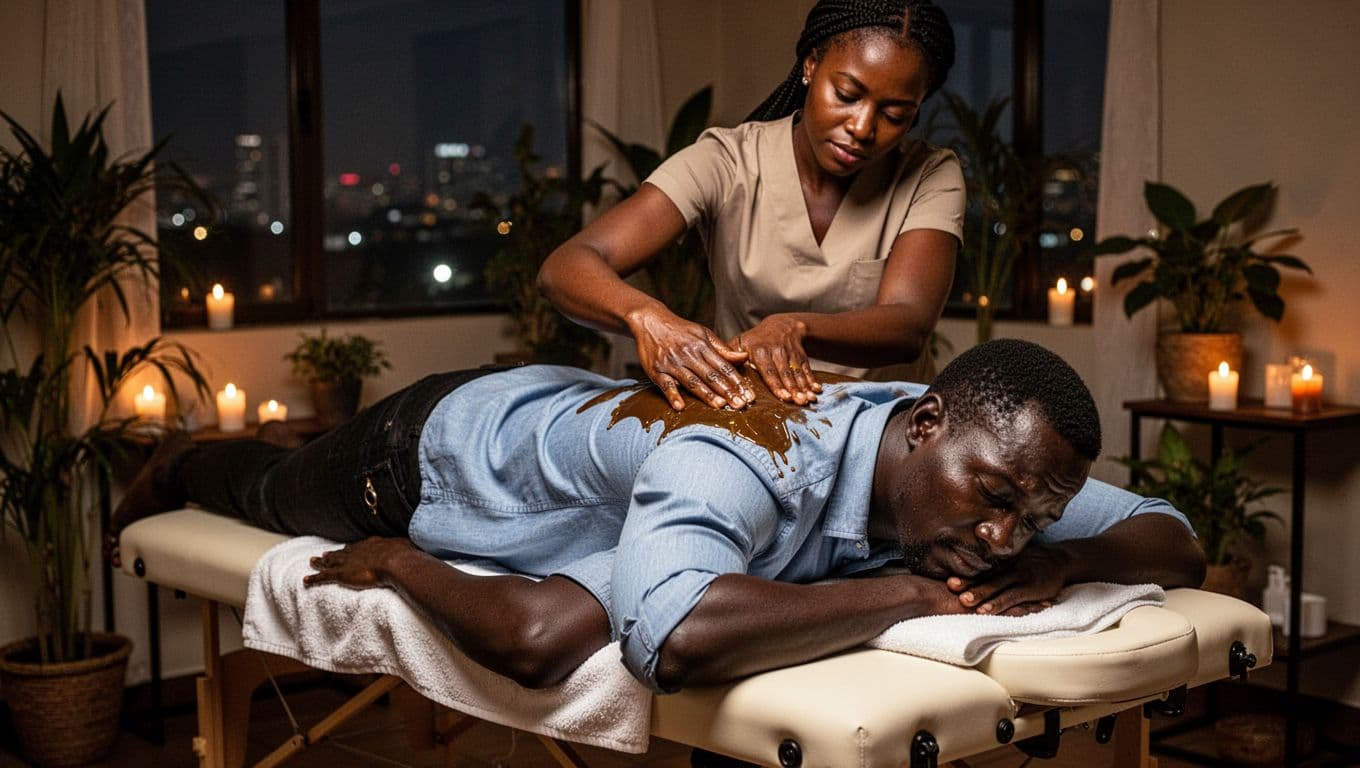 A mid-30s Kenyan male office worker in casual business shirt lies face down on a massage table in a cozy Kilimani spa room in Nairobi, receiving Swedish massage on his upper back and shoulders from a skilled female therapist using warm natural oils. The serene scene features dim candlelight, plants, and faint Nairobi city lights through the window.