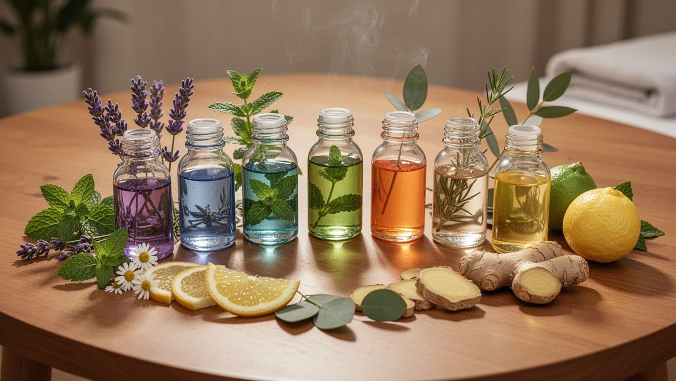 Seven small glass essential oil bottles—lavender, chamomile, peppermint, citrus, eucalyptus, ginger, bergamot—arranged in a semi-circle on a wooden spa table, surrounded by fresh herb sprigs under soft spa lighting. Bold 'Top Oils' headline in Montserrat Black font on a dark-green band at the top.