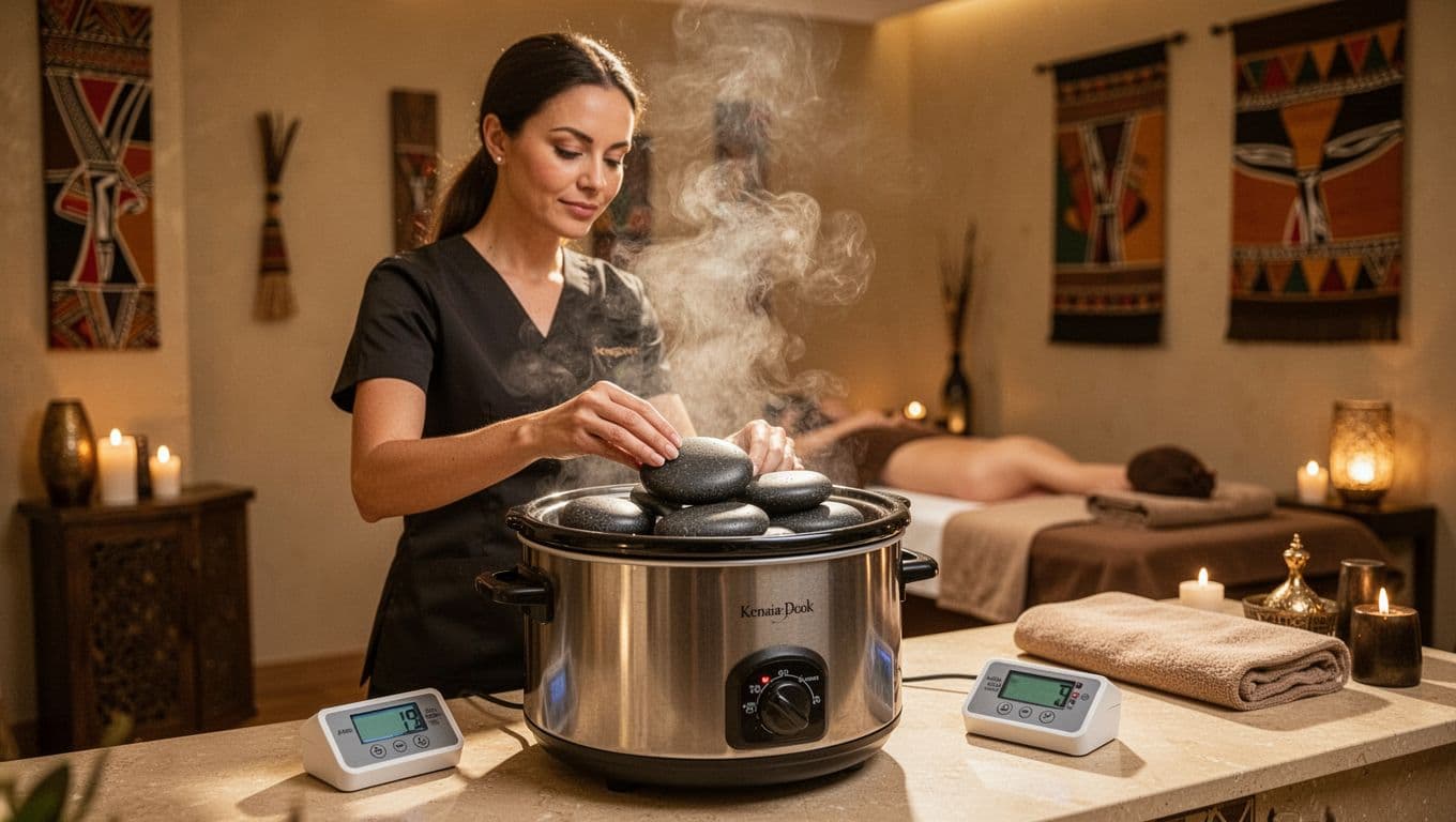 A professional female therapist at Rubi Massage & Spa in Nairobi, Kenya, prepares smooth hot black basalt stones in an electric crockpot amid serene warm golden lighting, topped with a bold 'Top Nairobi Spa' headline in a muted dark-green band.