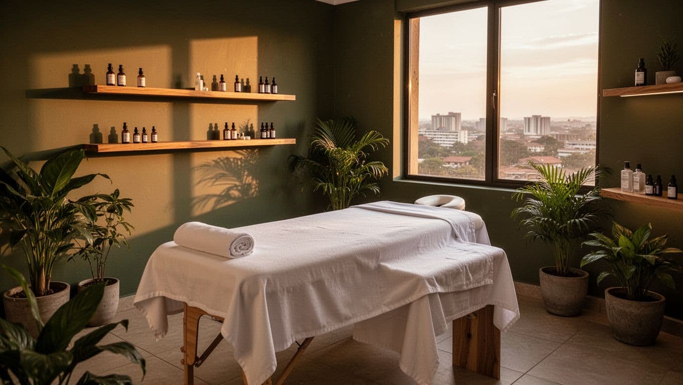 Modern cozy Swedish massage spa room in Kilimani, Nairobi, Kenya, with an empty massage table draped in fresh linens, warm ambient golden hour lighting, potted green plants, wooden shelves of essential oils, and serene atmosphere. Features a muted dark-green top band with high-contrast 'Top Spots' headline, realistic high-resolution photo style, no people.