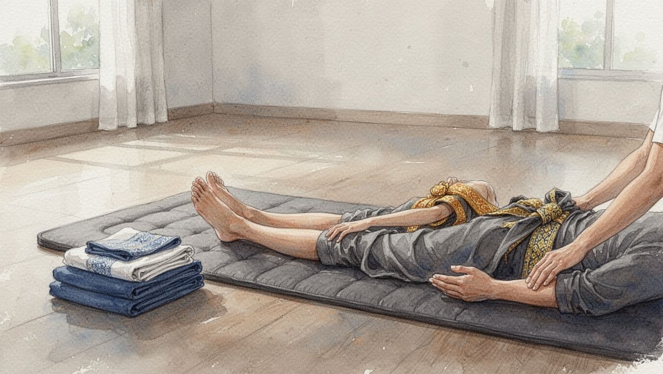 Padded floor mat in a calm spacious room with soft lighting and loose comfortable clothing folded nearby. Therapist's feet and hands in natural resting pose, overhead wide composition in watercolor style emphasizing open space.