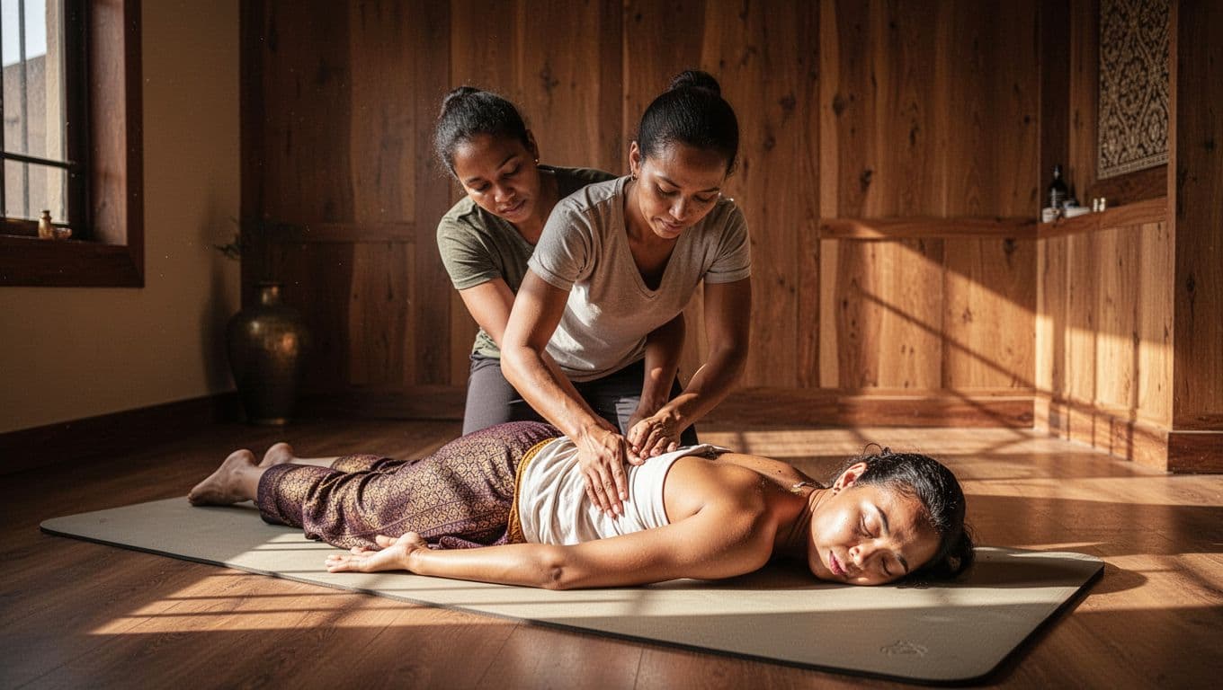 A therapist giving a traditional stretch massage to a client on a mat in a calm spa room.