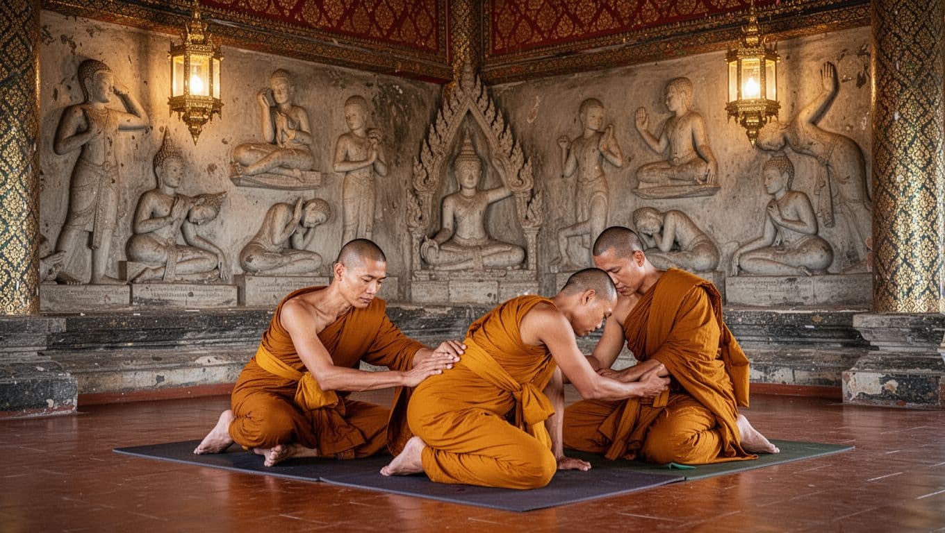 Interior of a traditional Thai temple like Wat Pho features stone wall carvings of massage poses, with exactly two serene monks in robes practicing gentle stretches and presses on mats under soft golden lantern lighting, evoking a historical atmosphere.