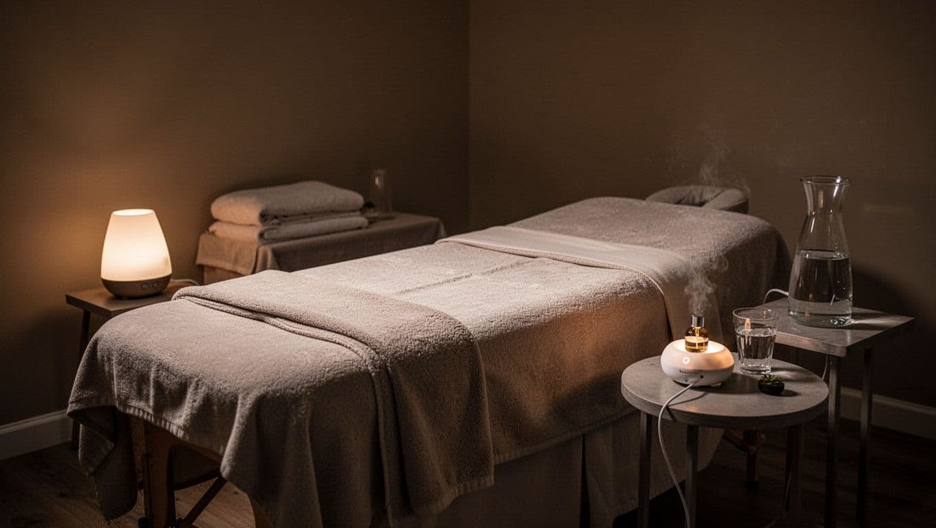 A pristine massage table draped in soft neutral linens sits in a dim room. Nearby, a glowing oil diffuser and water carafe rest on a wooden side table, creating peaceful ambiance.