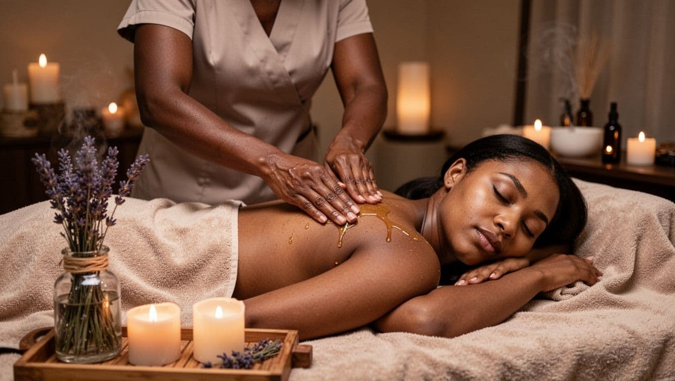 A masseuse applies scented oils with slow gliding strokes on a client's shoulders in a quiet, dimly lit spa room in Westlands, Nairobi, surrounded by lavender candles and a diffuser, evoking a peaceful and serene mood.