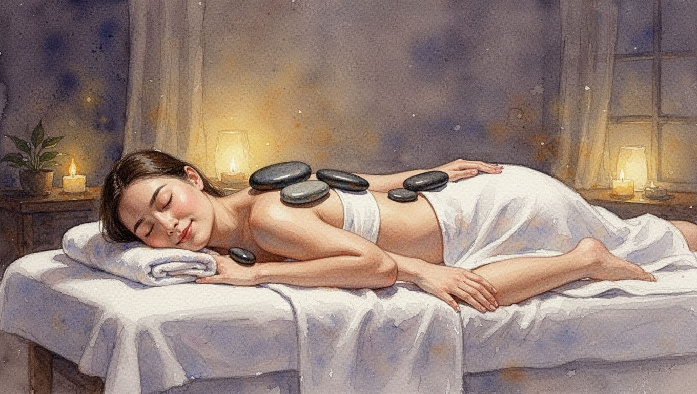 A person rests comfortably on a massage table inside a dimly lit room. Soft amber light glows against the textured walls, creating a serene environment designed for deep physical healing.
