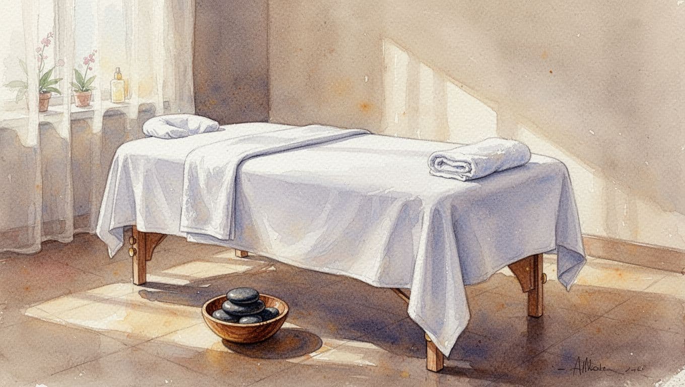 A neatly prepared massage table sits centered in a serene room featuring soft, ambient lighting. On a nearby side table, a wooden bowl is filled with smooth, dark basalt stones for therapy.