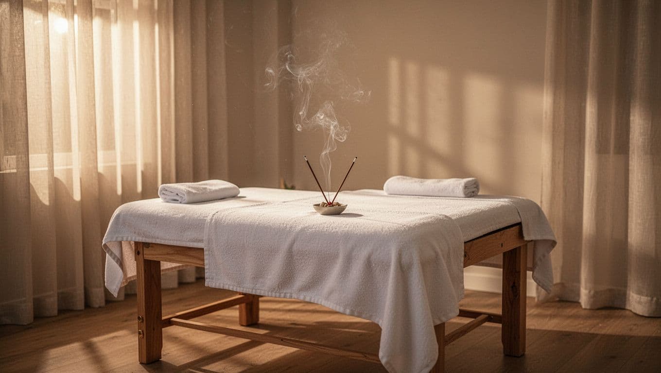 A minimalist massage room features a plush table with pristine white linens under soft golden lighting. Wisp-like incense smoke drifts across the frame, highlighting deep shadows and a peaceful aesthetic.