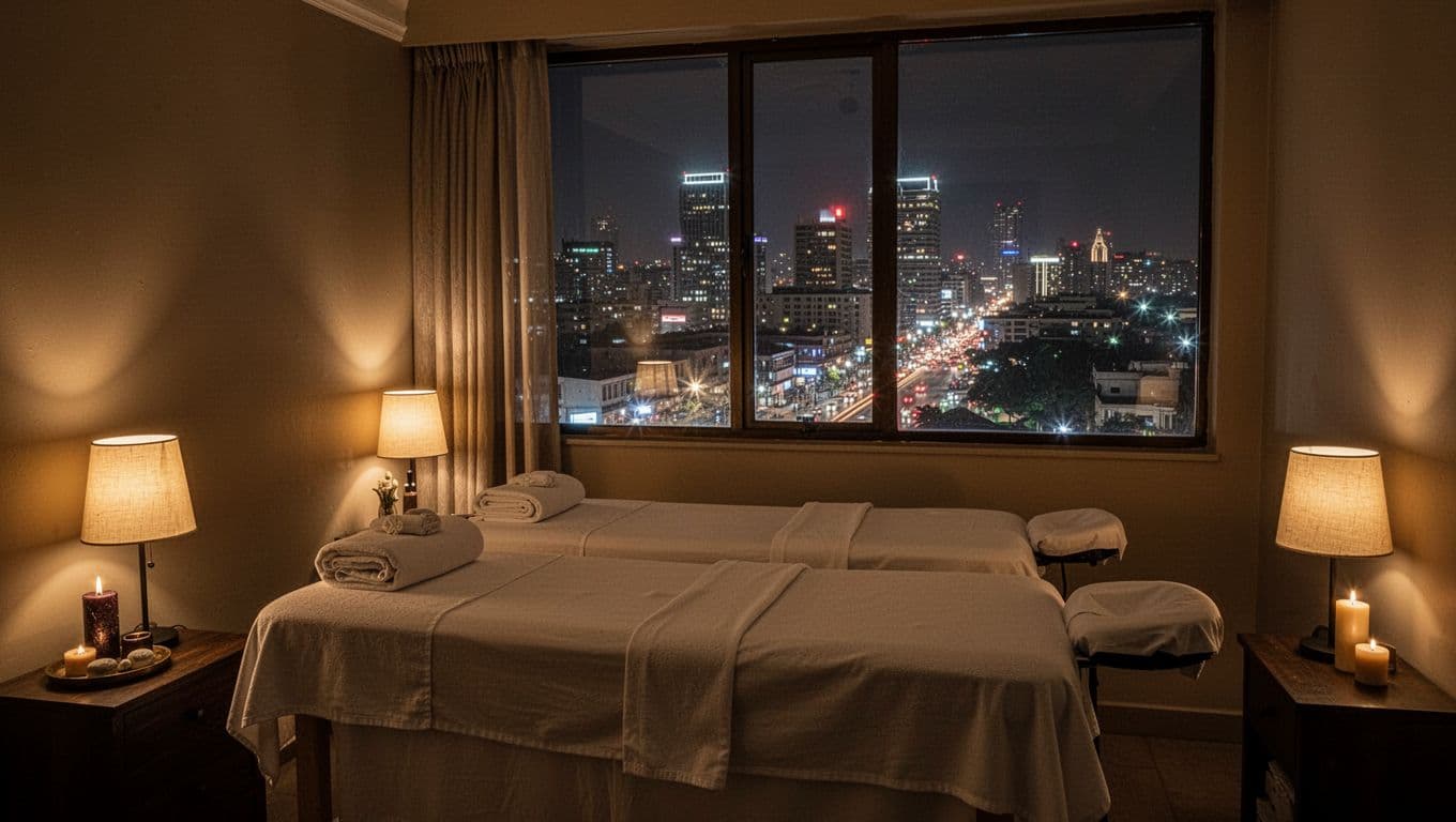 Serene private room in Kilimani massage spa on Ndemi Lane at night, featuring dim lamps, fresh linens, and a contrasting view of the busy Nairobi skyline through the window, captured in cinematic style with dramatic lighting and deep shadows.