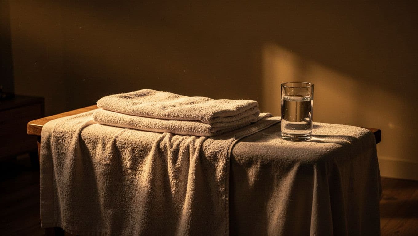 A soft towel rests on a minimalist wooden bench inside a dimly lit room. A glass of water sits nearby, illuminated by warm golden light that creates a peaceful atmosphere.