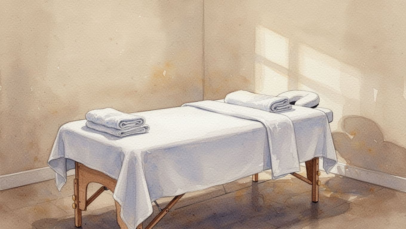 A pristine massage table draped in white linens sits in the center of a softly lit room. The watercolor artwork features warm tones, folded towels, and visible brush textures throughout.