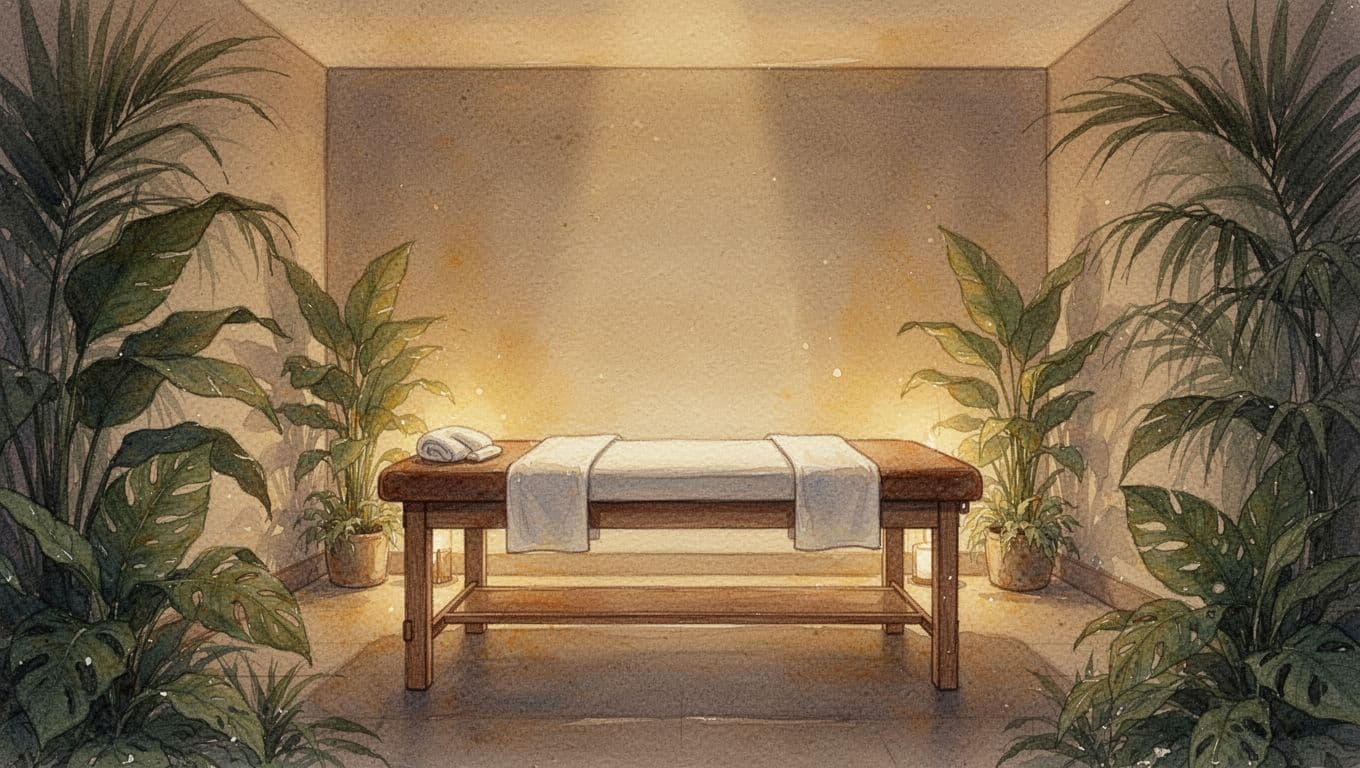 A cushioned massage table sits in the center of a softly lit room, surrounded by lush tropical greenery. The walls are rendered in gentle watercolor strokes under a warm, glowing ambient light.