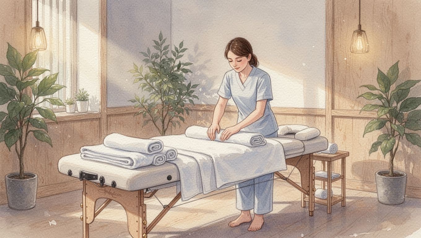A therapist prepares a wooden massage table in a warm, peaceful room.