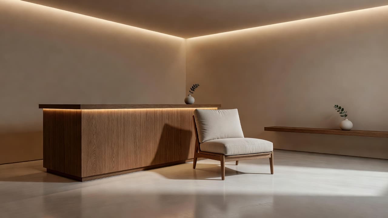 Warm ambient light illuminates the minimalist wooden reception desk and a plush velvet waiting chair. Natural wood accents and soft textures create a serene environment perfect for a relaxing spa visit.