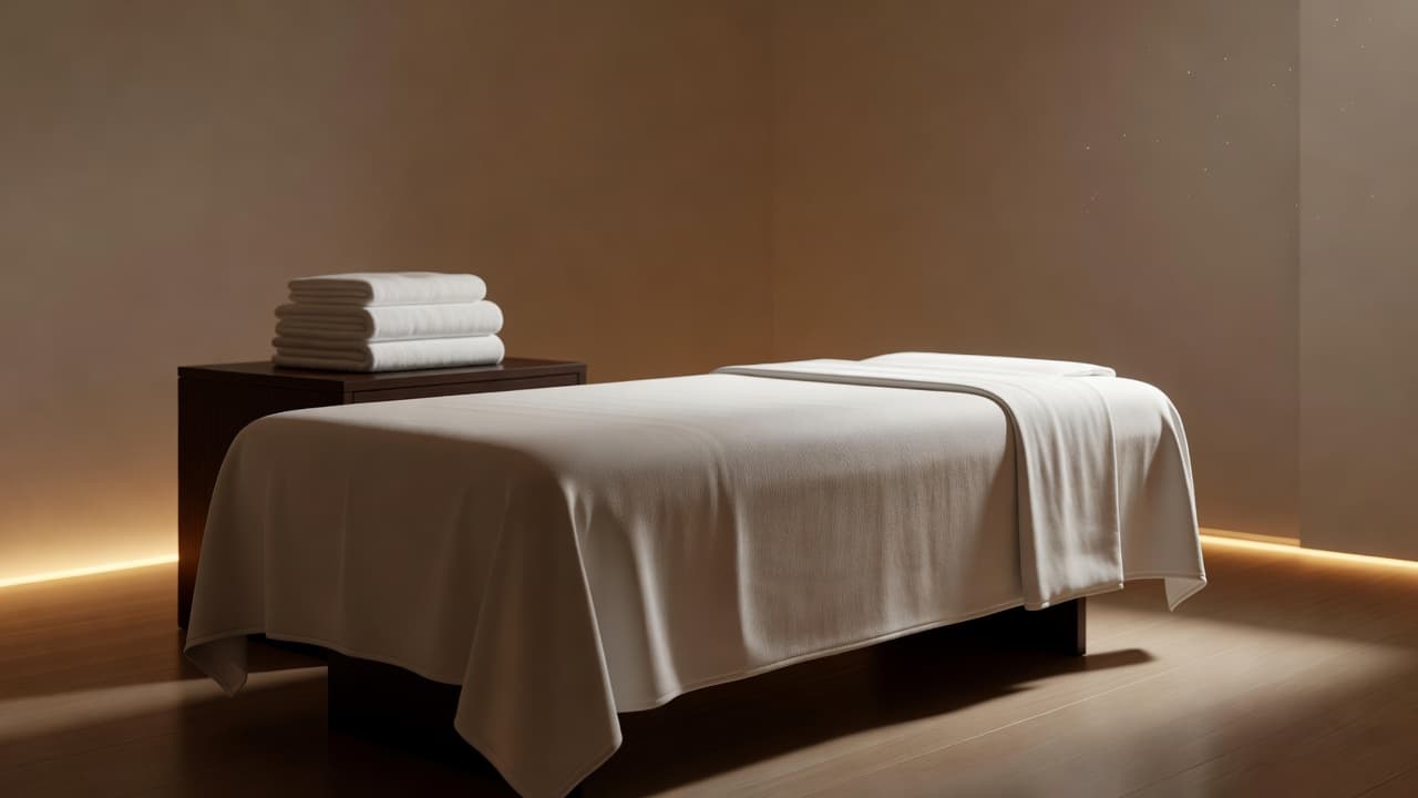 A pristine massage therapy room features a neatly arranged table adorned with crisp folded white towels. The scene is bathed in warm ambient lighting that highlights the serene and minimalist decor.