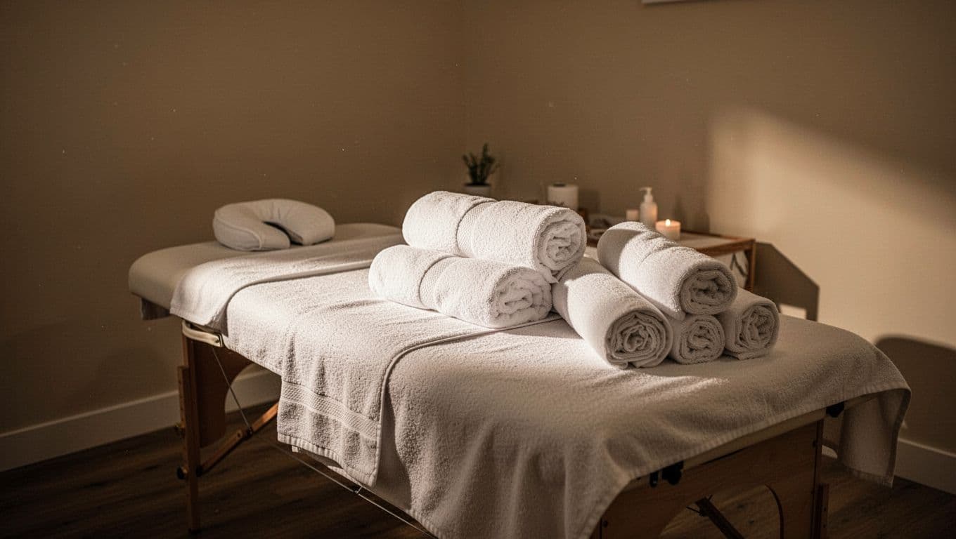 A prepared massage table with white towels under warm spa lighting.