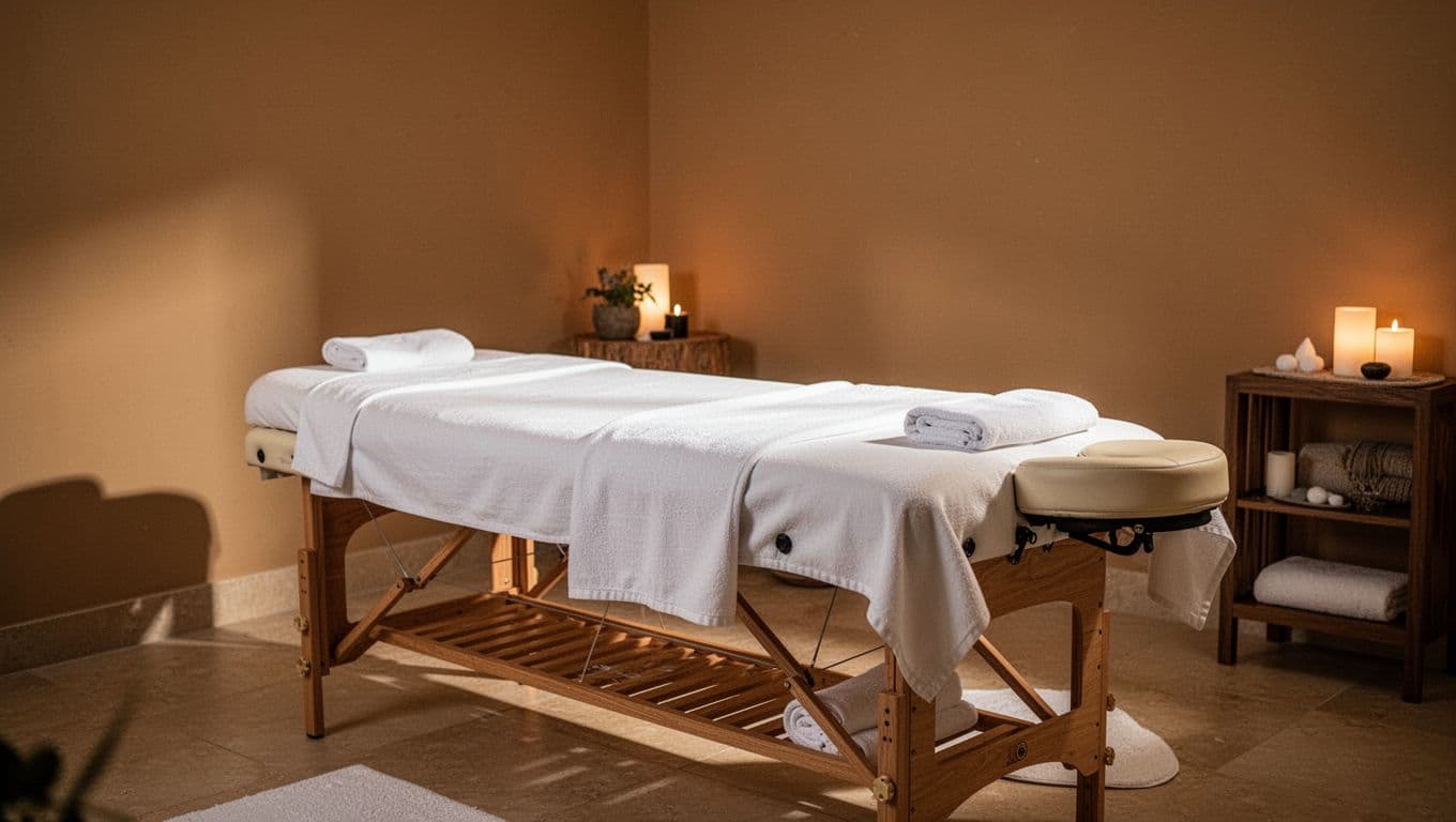 A wooden massage table covered in crisp white linens sits in a dim room with warm ambient lighting. Earthy color tones create a serene atmosphere perfect for physical relaxation and recovery.
