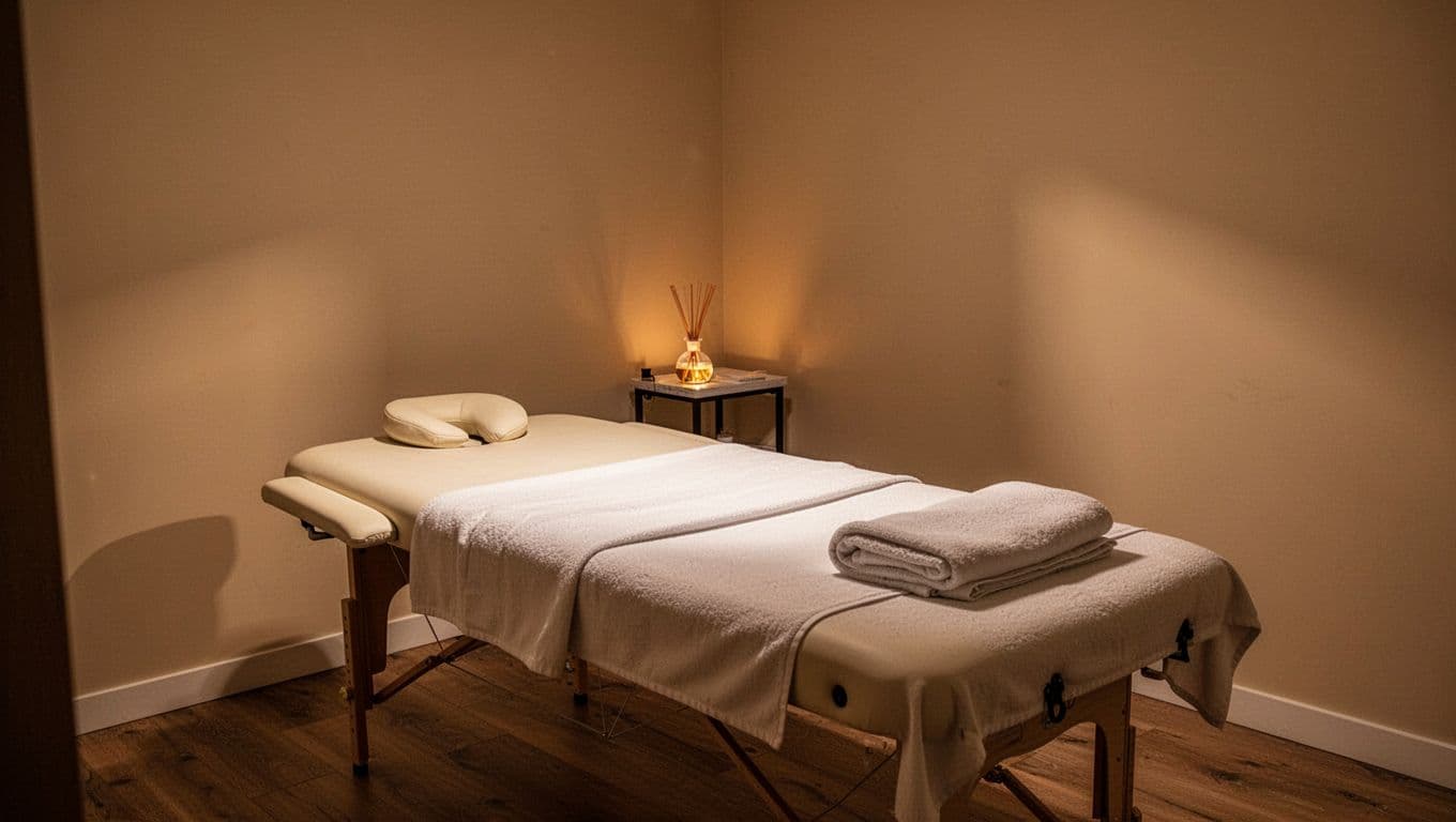A pristine massage table sits centered in a dimly lit room featuring a folded white towel and a side table holding a sleek aromatherapy diffuser. Warm golden light creates deep shadows.