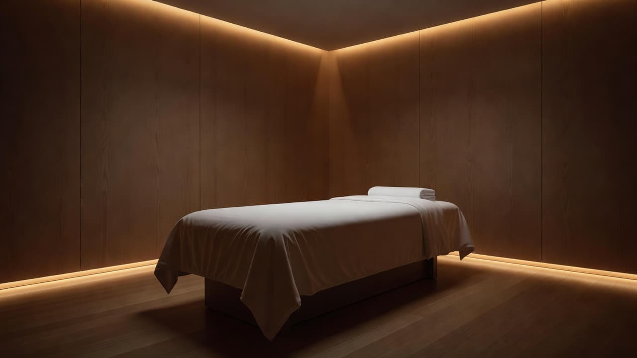 A pristine massage table draped in white linens sits centered in a minimalist room featuring warm wooden accents. Soft ambient light illuminates the space, creating a calm and inviting atmosphere.