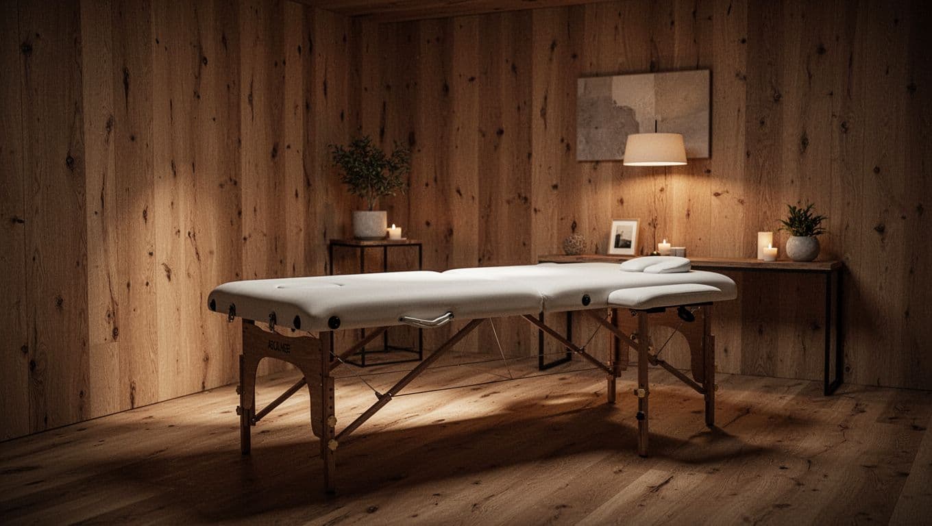 A single wooden massage table sits centered in a dimly lit room featuring warm accent lighting and clean lines. Natural textures and minimalist decor create a professional and deeply tranquil atmosphere.