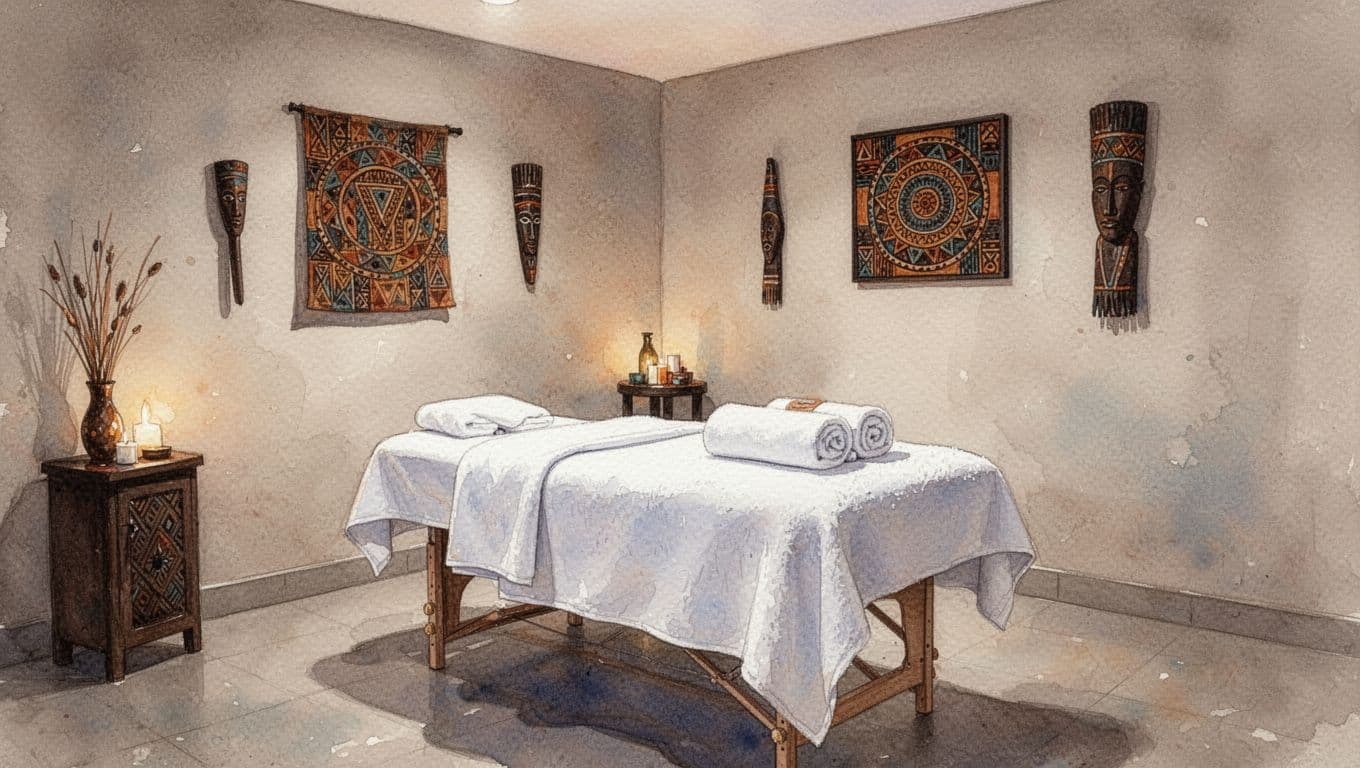 Nairobi Massage Services Contact: Safer Booking Tips Rolled fluffy towels on a wooden bench inside a softly lit wellness room.