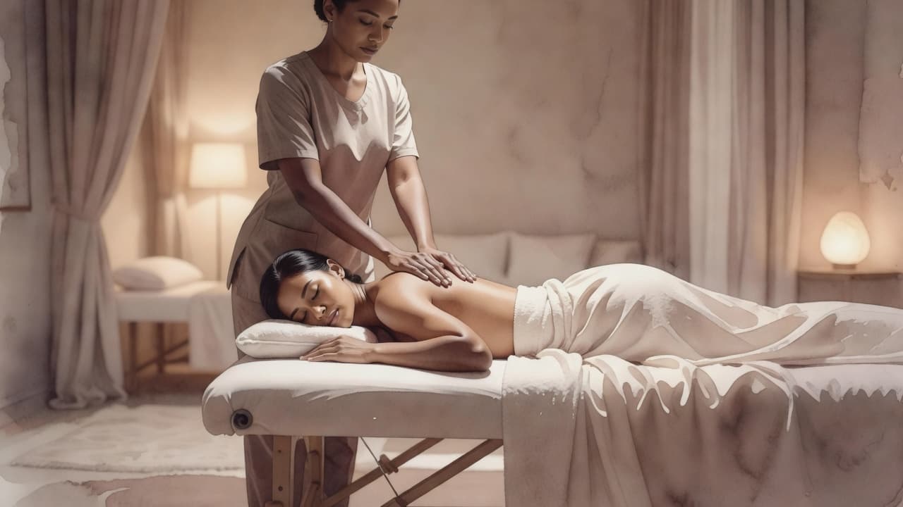A therapist uses gentle techniques on a client resting on a table within a serene, dimly lit studio. Soft watercolor textures define the warm walls and calm, neutral-toned spa atmosphere.