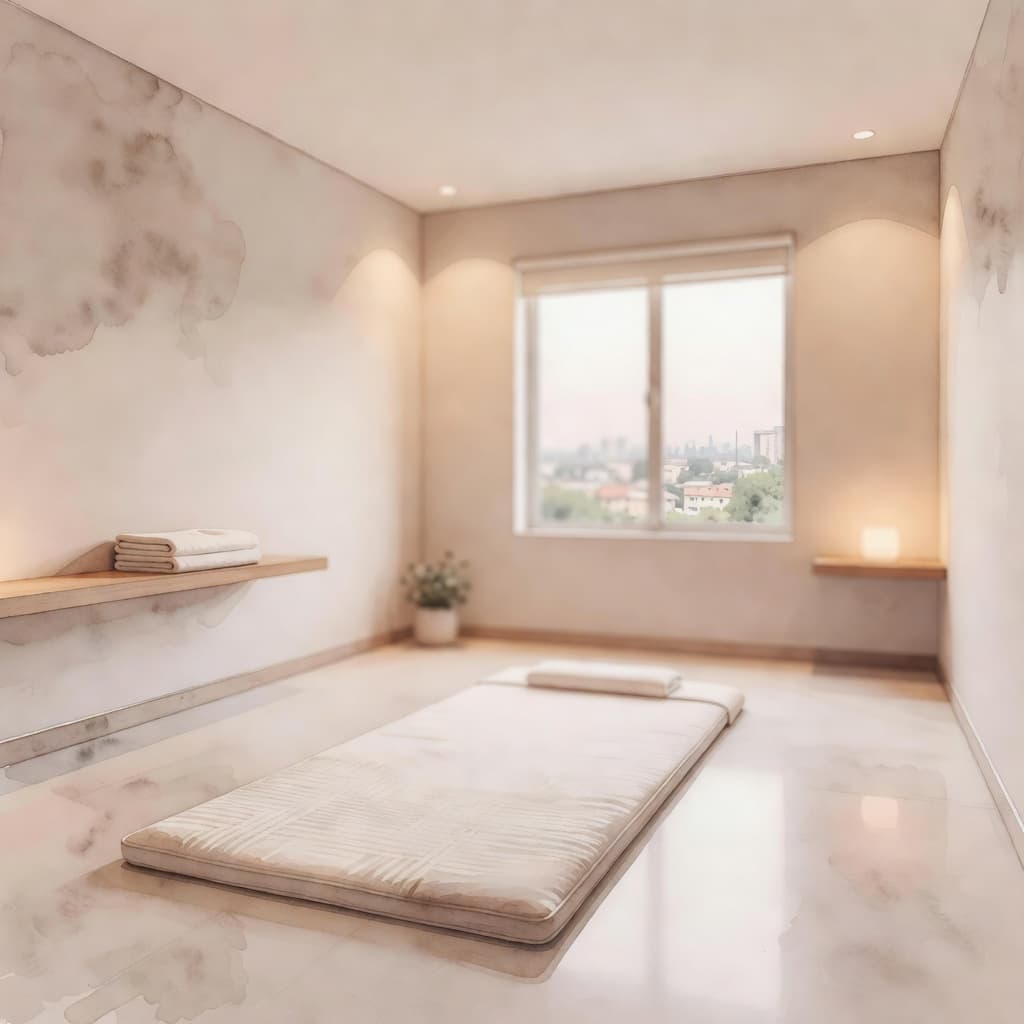 A tranquil massage space features a low-profile mat set against a soft, neutral-toned wall. Warm ambient light glows throughout the watercolor scene, creating a clean, professional, and deeply peaceful atmosphere.