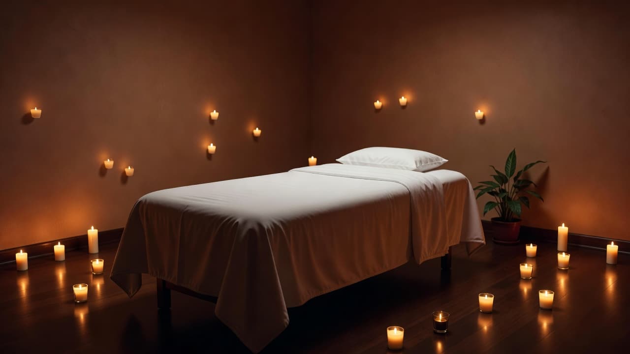 A plush massage table draped in crisp white linens sits in the center of a dimly lit room. Warm candlelight glows against textured walls, while a small potted plant adds greenery.
