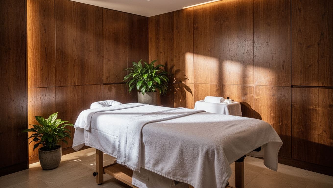 A pristine massage bed with crisp white linens sits in the center of a warmly lit room. Vibrant green plants add life to the corners against deep, moody, shadowed stone walls.