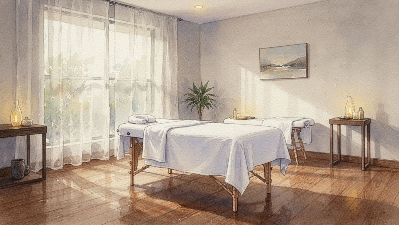 A professionally prepared massage bed with crisp white linens sits in a peaceful spa room. Soft ambient light glows against textured watercolor walls, creating a serene and inviting atmosphere for therapy.
