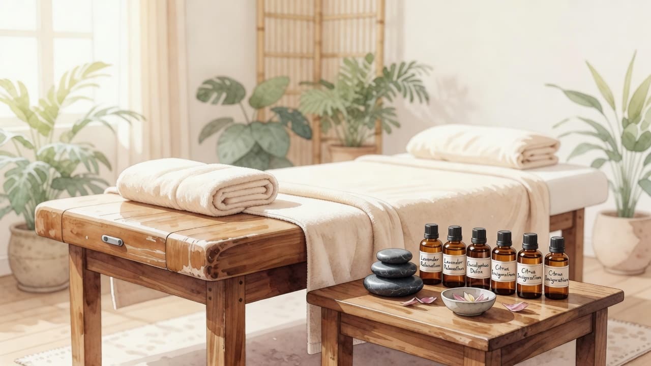 A wooden massage table stands center stage, while neatly folded warm towels, polished river stones, and amber essential oil bottles sit on a side table to create a soothing therapeutic atmosphere.