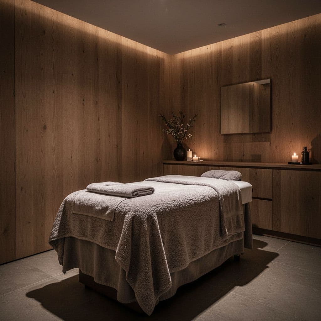 A professional massage table draped in soft, textured linens sits in the center of a room with warm wooden walls. Dim ambient lighting creates deep shadows and a peaceful atmosphere.