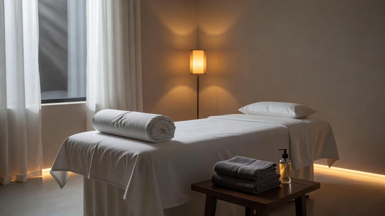 Clean white linens are folded neatly on a massage table under warm amber lighting. A quiet, dimly lit room creates a welcoming environment for clients seeking relaxation and therapeutic care services.