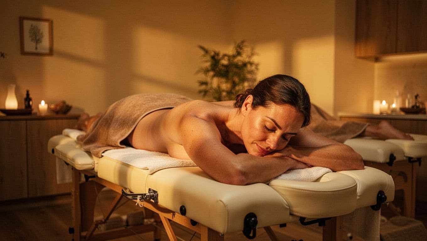 A person lies prone on a cushioned massage table within a darkened, quiet room. Soft golden lighting highlights the peaceful posture and tranquil atmosphere of this relaxing therapeutic healing environment.