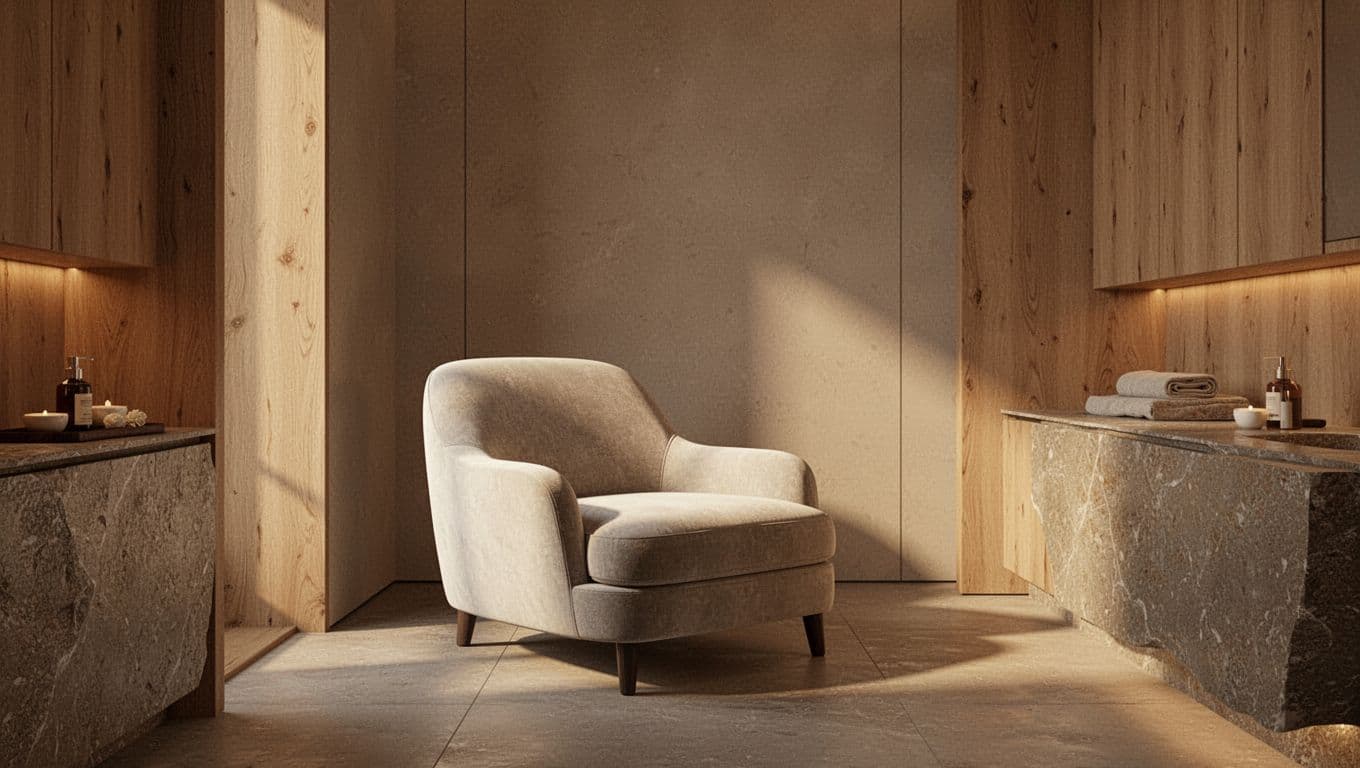 A solitary plush lounge chair sits in a quiet corner surrounded by elegant natural wood accents. Warm golden light fills the room, casting soft shadows across the serene, high-end space.