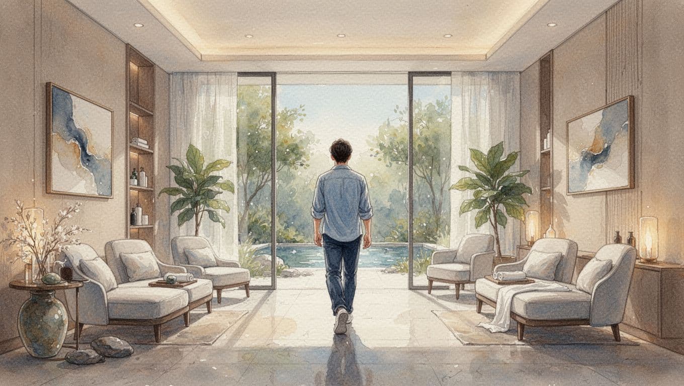 A person wearing comfortable casual clothing walks into a bright, tranquil spa room rendered with artistic watercolor brushstrokes. Warm sunlight fills the space, highlighting wooden textures and soft ambient decor.