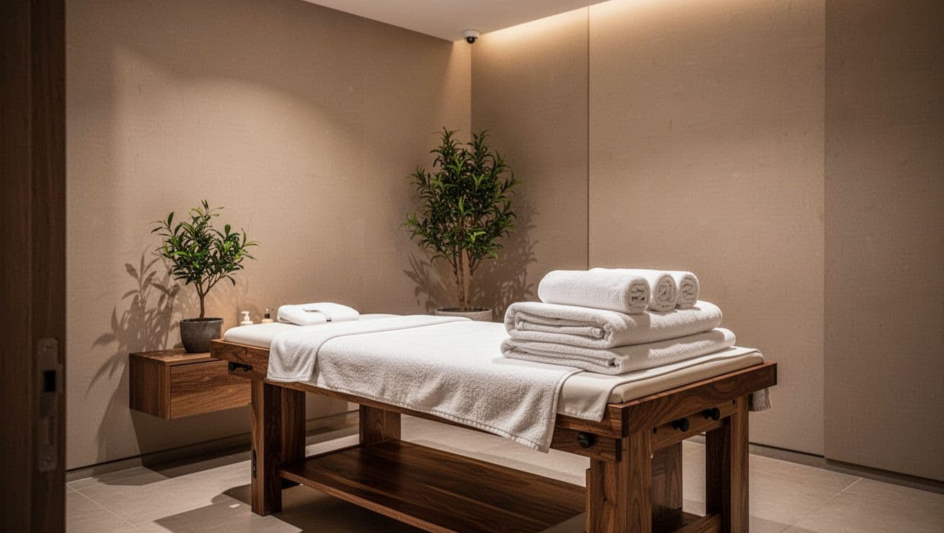 A pristine massage table draped with neatly folded white towels sits in a minimalist spa room. Soft ambient light illuminates the neutral wooden surfaces and a small indoor plant nearby.