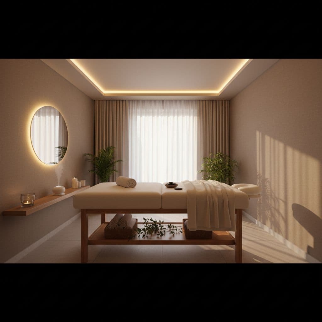 A minimalist wooden massage table occupies the center of a serene room bathed in warm, glowing light. Soft shadows create a peaceful ambiance designed to promote deep mental and physical relaxation.
