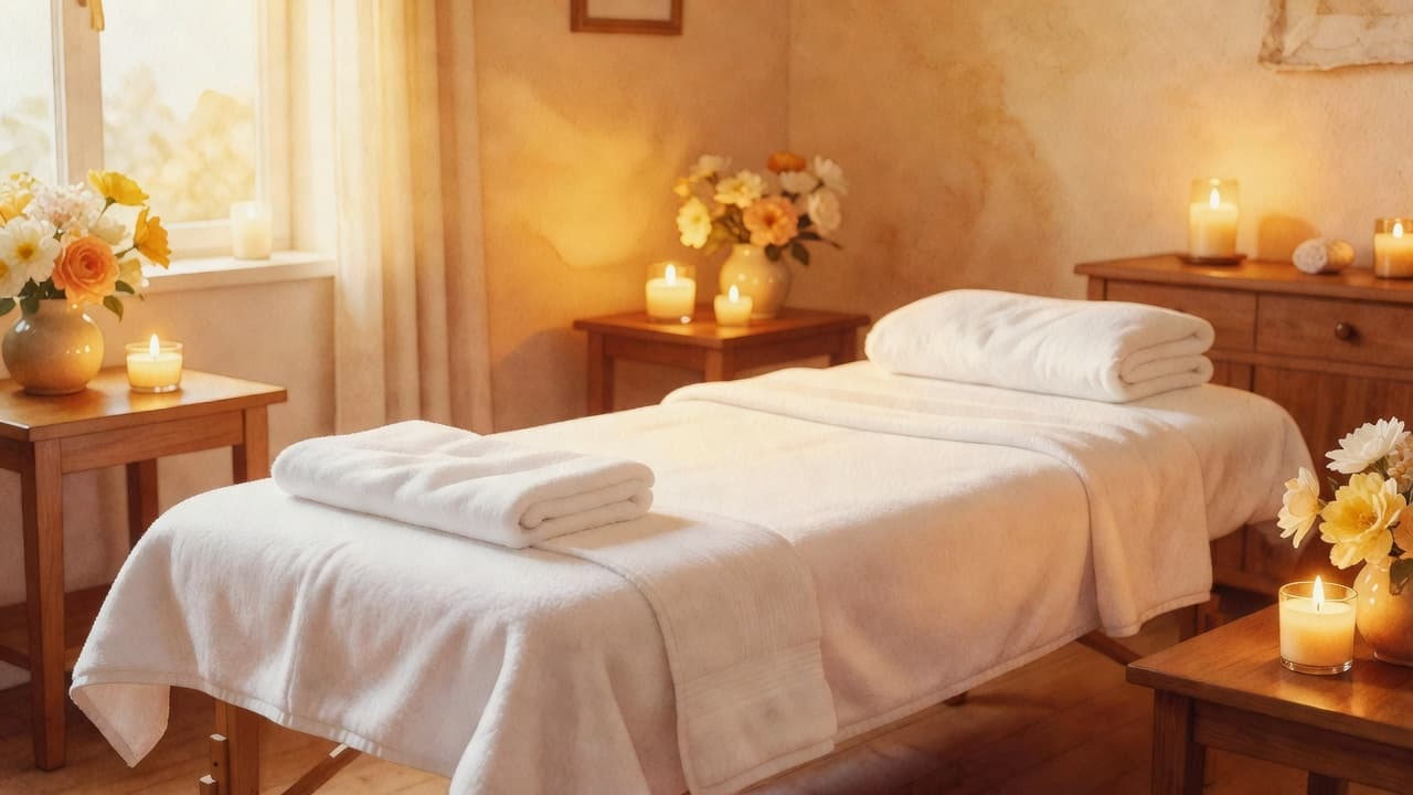 A plush massage table draped in soft white linens sits center stage, surrounded by flickering aromatherapy candles. The watercolor style captures warm ambient lighting, textured decor, and a deeply peaceful atmosphere.