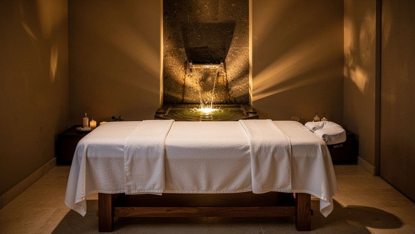 A pristine massage table draped in crisp white linens sits in a dim, golden-lit room. A glowing indoor water feature creates soft reflections, enhancing the atmosphere of deep peace and rejuvenation.