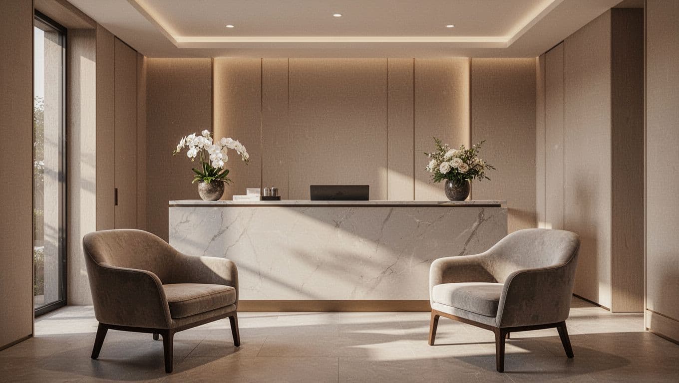 Soft golden light illuminates a serene reception space featuring neutral beige walls and plush seating. A polished wooden counter stands neatly centered against a backdrop of textured stone and greenery.