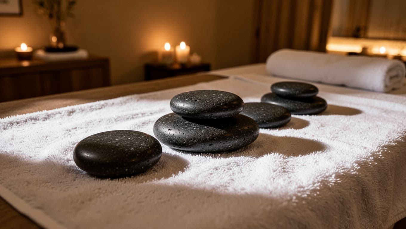 Smooth dark basalt stones are carefully arranged on a soft white towel in a dimly lit room. Warm golden ambient light highlights the stones to create a peaceful, inviting spa environment.