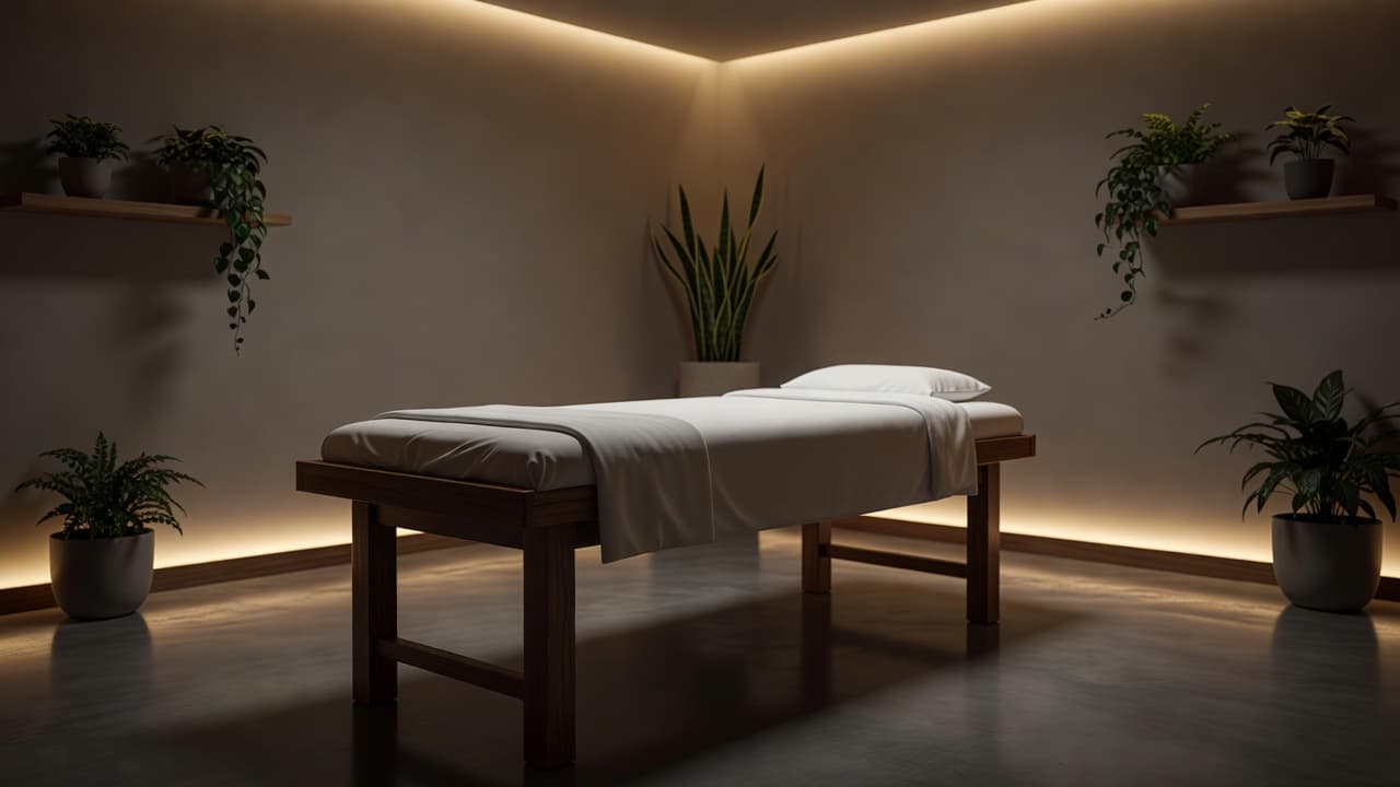 A wooden massage table with white linens in a softly lit spa room.