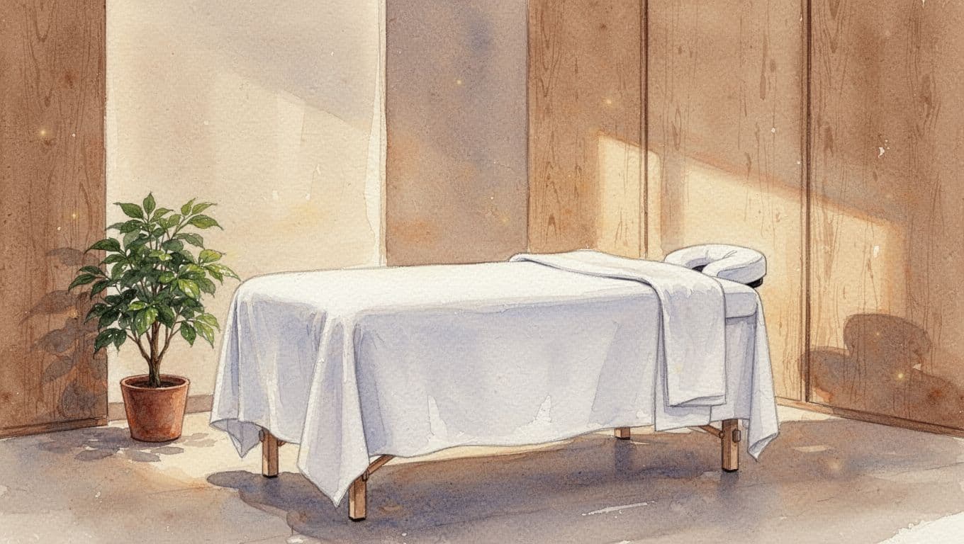 A plush massage table sits centered with crisp white linens in a soft-lit room. A delicate green plant rests on a side table, rendered in a gentle watercolor style with visible textures.