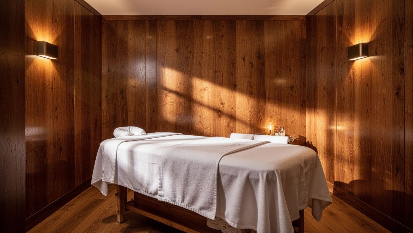 A plush massage table with folded white linens sits centered in a minimalist room featuring warm wooden walls. Soft amber lamps create deep shadows and a relaxing, peaceful ambiance for guests.