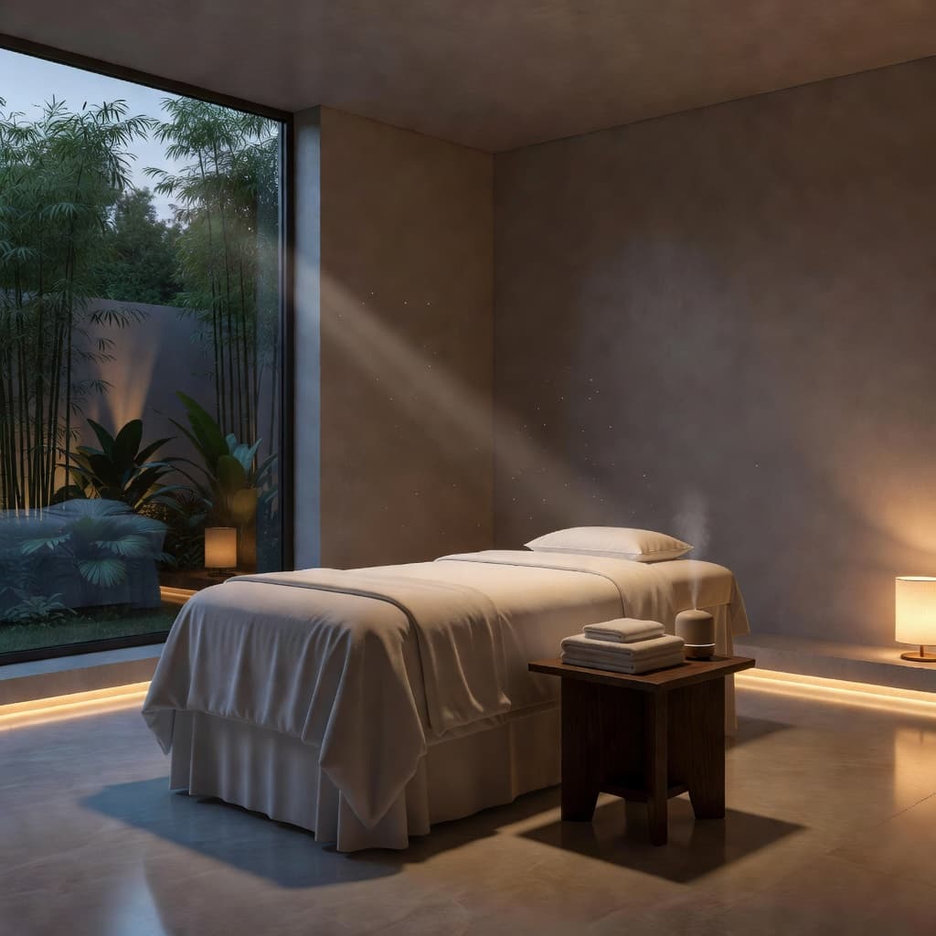A plush massage table sits centered in a minimalist room with warm ambient lighting. Soft shadows dance across the clean walls, highlighting the peaceful atmosphere prepared for a therapeutic session.