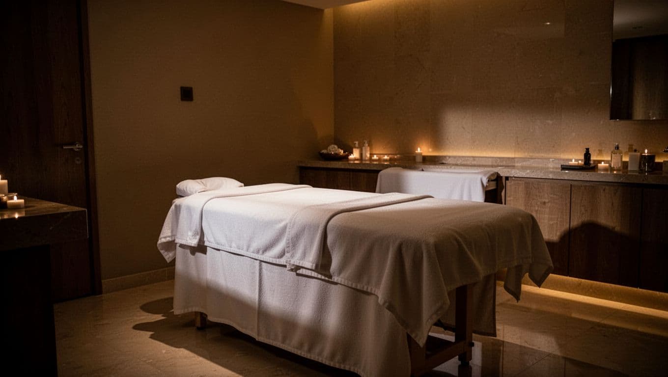 A massage table draped in crisp white linens sits center stage under soft, warm ambient lights. Dark, moody shadows frame the room, creating an atmosphere of deep relaxation and quiet comfort.
