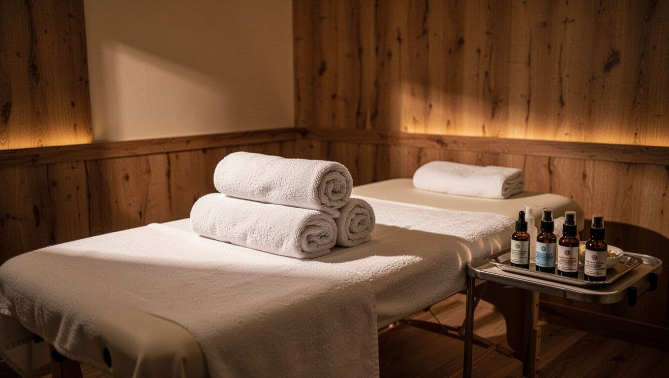 A calm spa room with a massage table, rolled towels, and warm lighting.